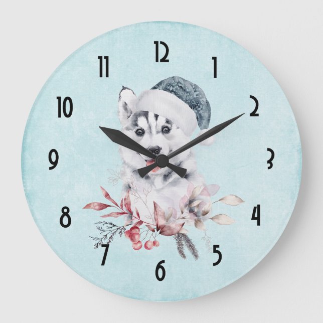 Grande Horloge Ronde Christmas Husky Dog in a Santa Hat (Recto)