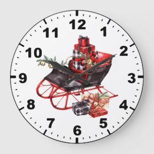 Grande Horloge Ronde Christmas Watercolor Red and Black Sleigh Packages