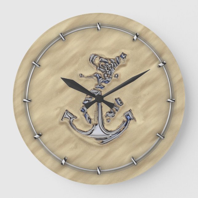 Grande Horloge Ronde Chrome comme l'Ancre de corde dans le sable (Recto)