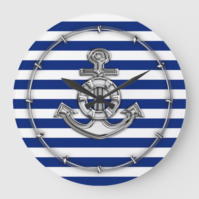 Grande Horloge Ronde Chrome Comme Lifesaver sur les rayures de marine (Recto)