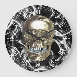 Grande Horloge Ronde Chrome électrique Crâne rond chiffres romains Horl