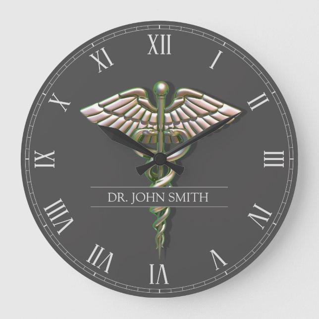 Grande Horloge Ronde Chrome Holographique 3D Médicale Caduceus (Recto)
