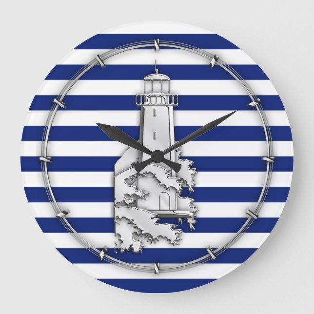 Grande Horloge Ronde Chromes Style Lighthouse on Blue Nautical Stripes (Recto)