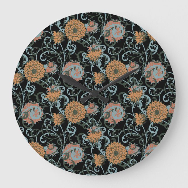 Grande Horloge Ronde Chrysanthèmes Arrière - plan noir, Vintage floral. (Recto)