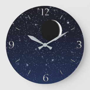 Grande Horloge Ronde Ciel étoilé et croissant de lune, bleu profond 