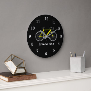 Grande Horloge Ronde Citation Avec Vélo Jaune Sur Noir