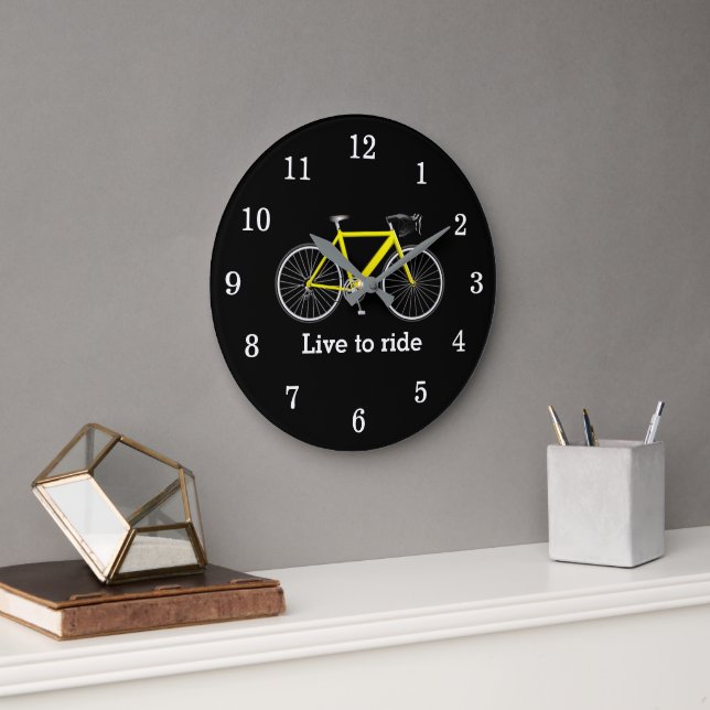 Grande Horloge Ronde Citation Avec Vélo Jaune Sur Noir (Bureau)
