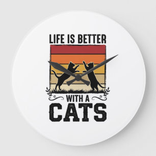 Grande Horloge Ronde Citation Chats Vintage Design Rétro Coucher de Sol
