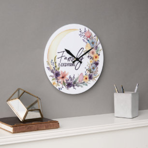 Grande Horloge Ronde Citation de famille dans une couronne boho