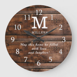 Grande Horloge Ronde Citation de monogramme de la famille de bois Brown