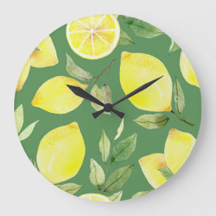 Grande Horloge Ronde citron aquarelle, motif de papier peint de fruits.