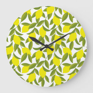 Grande Horloge Ronde Citronnier Art : Citrus jaune Motif sans couture