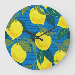 Grande Horloge Ronde Citrons Citrus : Vintage À Dessin À La Main Sans C