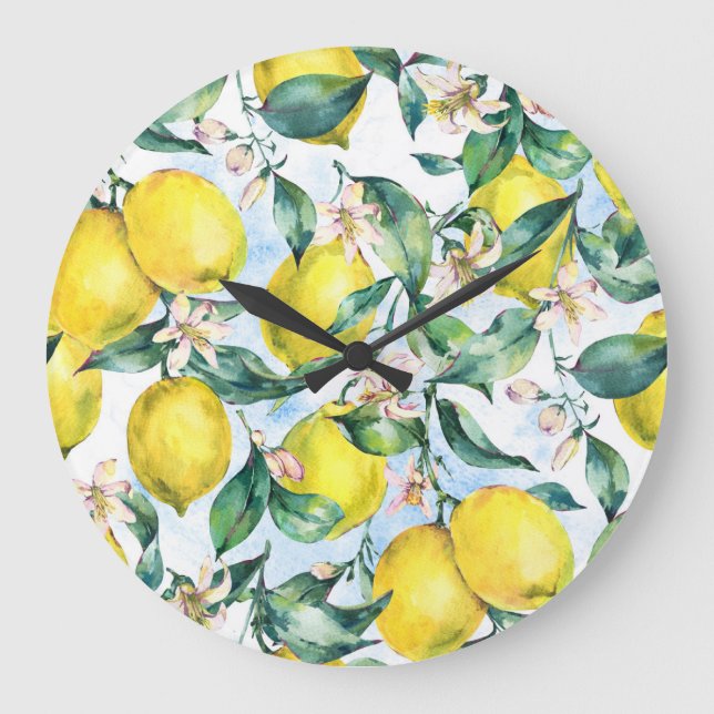 Grande Horloge Ronde citrons d'aquarelle, branche d'agrumes frais. (Recto)