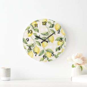 Grande Horloge Ronde Citrons Jaunes Frais