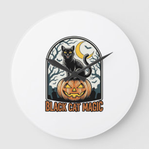 Grande Horloge Ronde Citrouille Chat Noir Gravure Halloween Vintage_1
