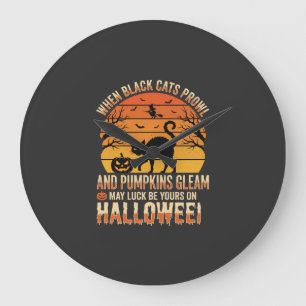 Grande Horloge Ronde Citrouille Chat Noir Halloween Design Vectoriel