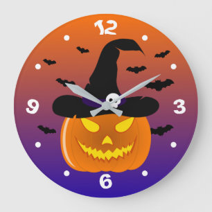 Grande Horloge Ronde Citrouille d’Halloween Jack o’ Casquette de sorciè