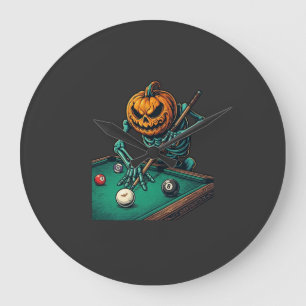 Grande Horloge Ronde Citrouille d'Halloween squelette jouant au billard