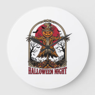 Grande Horloge Ronde Citrouille Épouvantail Halloween Gravure Vintage A