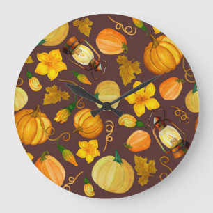 Grande Horloge Ronde Citrouille Harvest Motif d'aquarelle d'automne