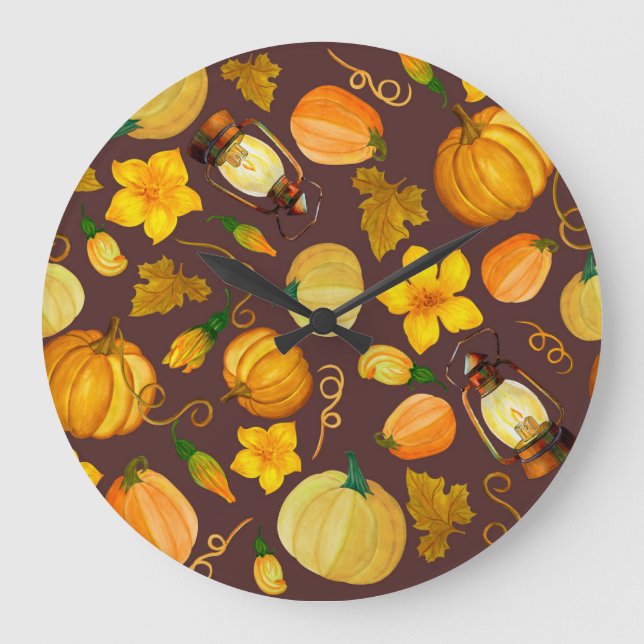 Grande Horloge Ronde Citrouille Harvest Motif d'aquarelle d'automne (Recto)