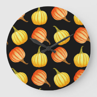 Grande Horloge Ronde Citrouille orange : Motif d'aquarelle transparente