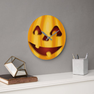 Grande Horloge Ronde Citrouille sculpté souriant design Halloween