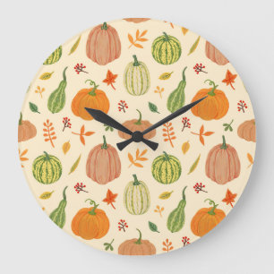 Grande Horloge Ronde Citrouille vert et orange, motif sans soudure.