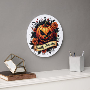 Grande Horloge Ronde Citrouille Vintage doucement hanté   Halloween flo