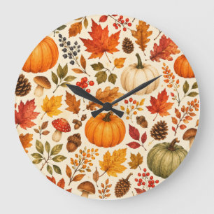 Grande Horloge Ronde Citrouilles aquarelles d'automne, feuilles d'autom