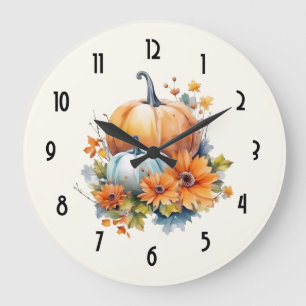 Grande Horloge Ronde Citrouilles d'automne avec Fleurs et Foliage