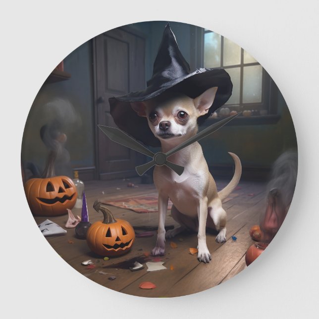 Grande Horloge Ronde Citrouilles de Chihuahua Halloween Épouvantable (Recto)