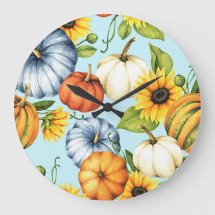 Grande Horloge Ronde Citrouilles, tournesols, aquarelle