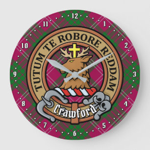 Grande Horloge Ronde Clan Crawford Crest sur Tartan