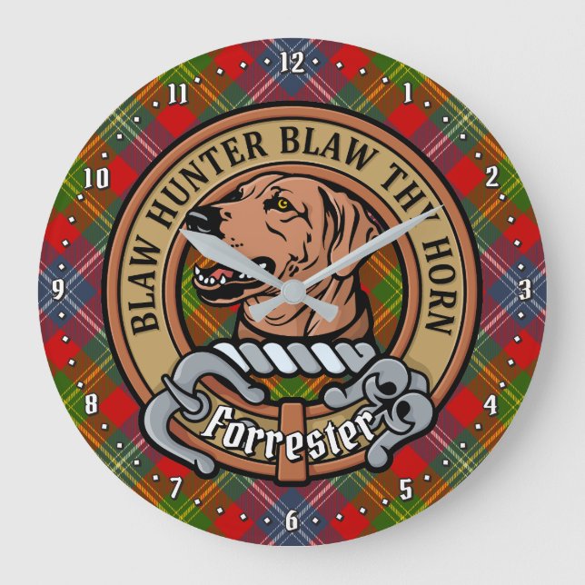 Grande Horloge Ronde Clan Forrester Crest sur Tartan (Recto)