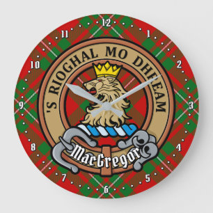 Grande Horloge Ronde Clan Gregor Crest sur Tartan