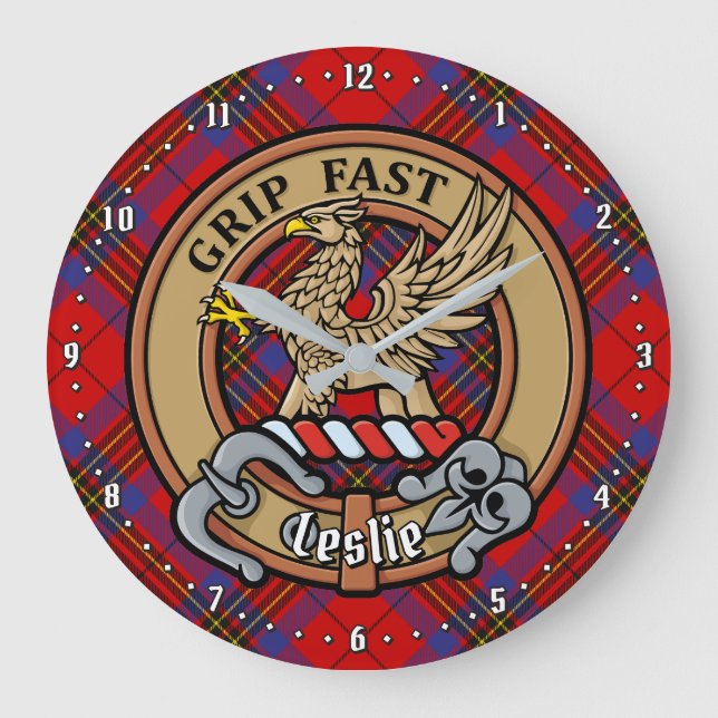 Grande Horloge Ronde Clan Leslie Crest sur Red Tartan (Recto)