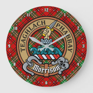 Grande Horloge Ronde Clan Morrison Crest sur Red Tartan