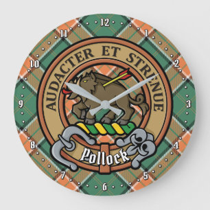 Grande Horloge Ronde Clan Pollock Crest sur Tartan