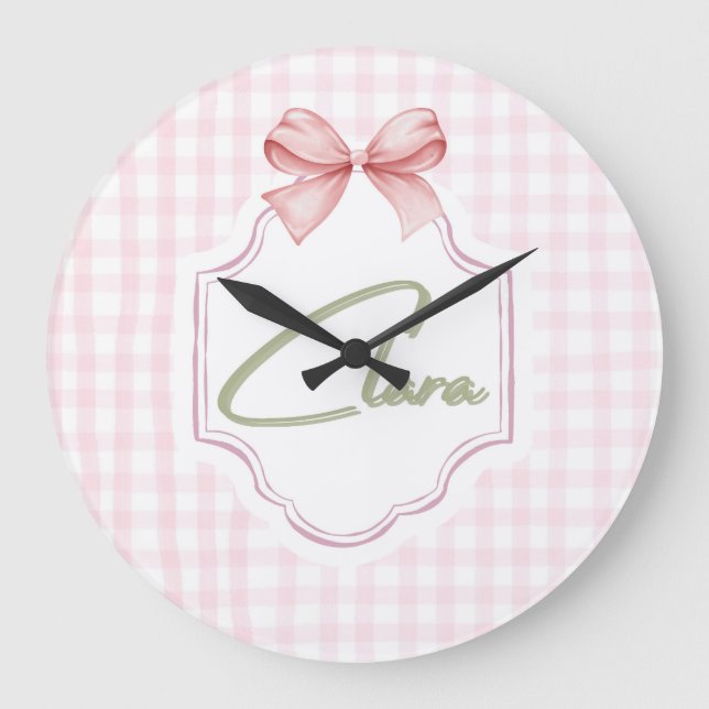 Grande Horloge Ronde Clara Baby Girl Nursery Bow&En vichy personnalisée (Recto)
