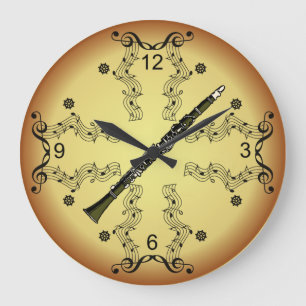Grande Horloge Ronde Clarinet ~ Scroll musical ~ Arrière - plan d'or ~