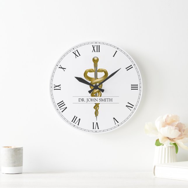 Grande Horloge Ronde Classé Noble Médicale Asclepius Elégant Or Argent (Maison)
