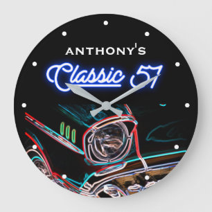 Grande Horloge Ronde Classic 57 1957 Chevy Neon Effect Voiture Noir Ré