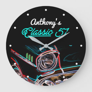 Grande Horloge Ronde Classic 57 Chevy Neon Effect Script Black Retro