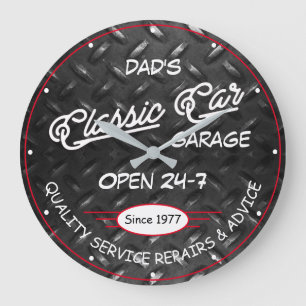 Grande Horloge Ronde Classic Car Garage Name Date Diamond Plate Image
