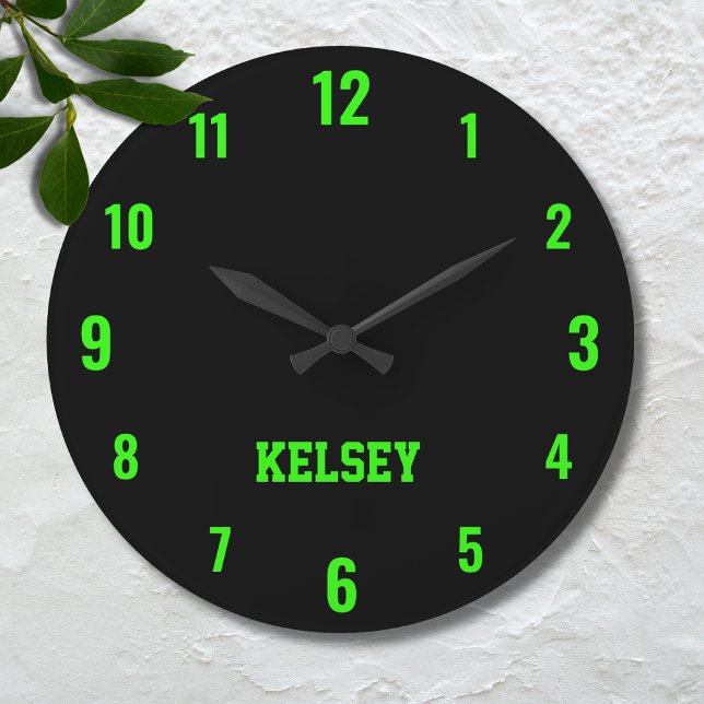 Grande Horloge Ronde Classic et Elegant Noir et Néon Vert Nom (Créateur téléchargé)