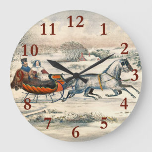 Grande Horloge Ronde Classique 1853 Traîneau Currier Ives Route Hiver