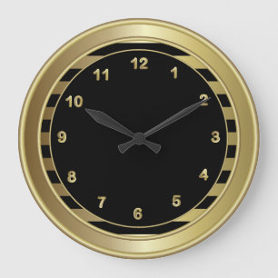 Grande Horloge Ronde Classy Black & Gold Numbers and Stripes