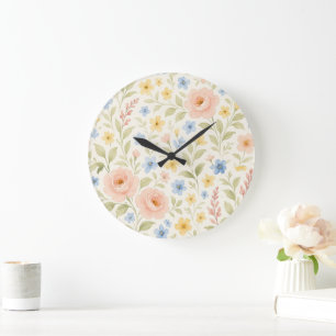 Grande Horloge Ronde Classy Shabby Chic Floral Motif